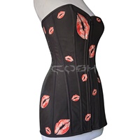 Overbust-Stahlkorsett-Kleid aus schwarzem Neopren mit roten Kuss-Aufklebern für Sommerpartys und Clubwear mit natürlicher Taillenlinie