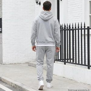 Men's Solid Gray Hooded Tracksuit Full Length 100% Cotton Casual Athletic Wear with Drawstring Closure and Side Pockets - Product Image 4