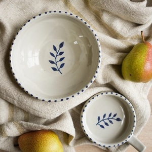 Elegant Ceramic <b>Pasta</b> Bowl with Minimal Blue Botanical Detailing Smooth Fired Finish and Versatile Dining Depth - Product Image 4