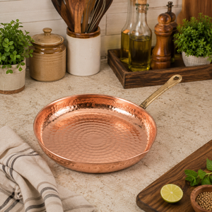 Premium Hand Hammered Pure Copper Fry <b>Pan</b> with Brass Handle Traditional Indian Copper <b>Skillet</b> Heavy Duty Kitchen Cookware Hotel - Product Image 2
