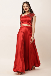 Elegant <b>Red</b> Satin One Shoulder Embroidered <b>Crop</b> <b>top</b> and Sharara Set Evening Dress Solid color Handmade Beads work - Product Image 4