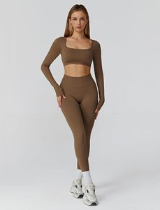 Ensemble de yoga sans couture 2 pièces : haut court taille haute et leggings longs, couleur unie, col carré, dos croisé, tenue de sport pour femme - Product Image 6