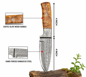 Couteau en acier Damas personnalisable, manche en bois, lame fixe avec étui en cuir, couteau de coupe artisanal pour l'extérieur - Product Image 2
