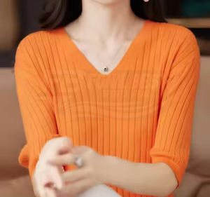 Suéter de Moda Casual de Alta Costura para Mujer, de Algodón, Manga Corta, Cuello Redondo, Delgado, para Primavera/Verano, Corte Regular, Tejido de Punto - Product Image 5