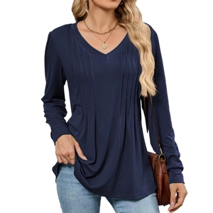 Haut plissé à col en V pour femme, manches longues, coupe ample, couleur unie, tricoté, respirant, toutes saisons - Product Image 1