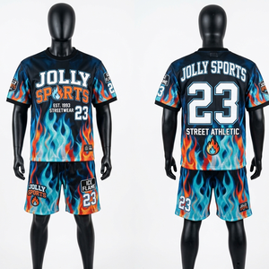 Conjunto de pantalón y camiseta de malla transpirable de alta calidad con diseño de llamas negras, estampado por sublimación, logotipo personalizado, conjunto corto para hombre. - Product Image 2