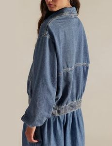 Custom <b>Women's</b> Denim Jacket Vintage Wash Zip Up Dropped Shoulder <b>Elastic</b> Cuff <b>Jean</b> Outerwear Wholesale Bulk Manufacturer - Product Image 4