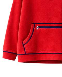 Sweat-shirt rouge surdimensionné en polaire pour femme avec col à boutons, poche kangourou, liseré contrastant, épais, décontracté pour l'hiver - Product Image 6