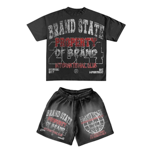 Ensemble court streetwear vintage délavé à l'acide pour hommes, personnalisé en gros, avec t-shirt déchiré à impression sérigraphiée et ensemble 2 pièces d'été pour hommes - Product Image 2