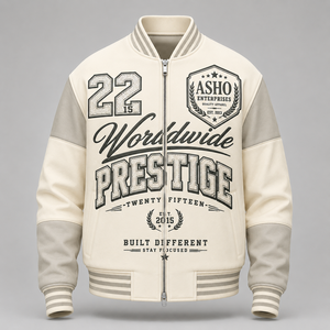 Blouson universitaire unisexe en velours côtelé PU, design unique, beige, manches contrastantes, fermeture éclair frontale, patchs décoratifs, logo Prestige mondial, hiver - Product Image 1