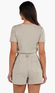 Oneten Apparels <b>Women</b> <b>2</b> <b>Piece</b> Shorts Set Beige Casual Crew Neck Top With Drawstring Pockets Summer <b>Outfit</b> - Product Image 2