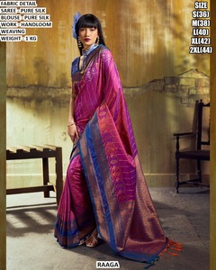 Sari en soie pure tissé à la main Raaga avec bordure bleue et travail Zari pour femmes, tenue de mariage, sari indien traditionnel - Product Image 1