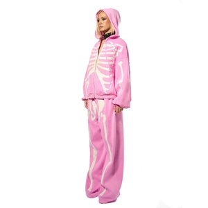 Wholesale Pink <b>Skeleton</b> Print Zip Up <b>Hoodie</b> And Jogger Pants Set Oversized Casual Y2K Tracksuit For Women - Product Image 2