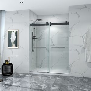 Porta doccia a doppia cornice scorrevole nero opaco 56-60X76 pollici con funzione di chiusura morbida e vetro trasparente da 3/8 pollici - Product Image 1