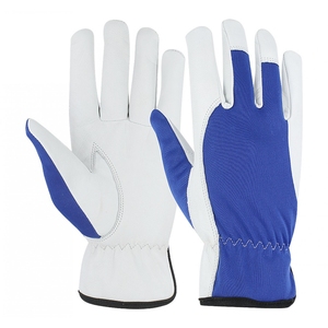 Gants de travail en cuir blanc et bleu, antidérapants aux doigts, gants de sécurité polyvalents, manchette droite - Product Image 1