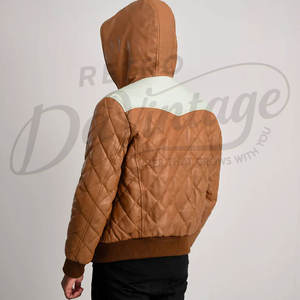 Blouson matelassé en cuir bicolore premium pour homme, design matelassé losanges, avec capuche, en similicuir, chaud et rembourré, pour l'hiver, avec épaulettes - Product Image 2