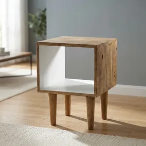 Rustic Wooden Bedside Cube Table with Open <b>Shelf</b> and <b>Tall</b> Tapered Legs for Bedroom - Product Image 3