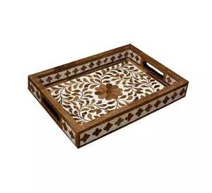 Plateau de service rectangulaire en bois imprimé à la main avec motif végétal, design bohème, fait main, pour les fêtes, pour servir les desserts - Product Image 3