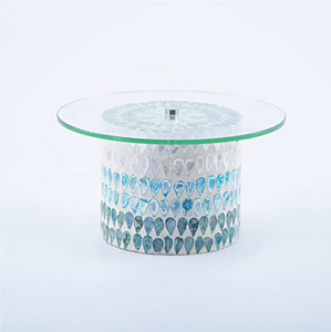 Support à gâteau moderne chic en nacre, piédestal en bois à motif de coquillages bleus avec plateau en verre, idéal pour les goûters. - Product Image 2