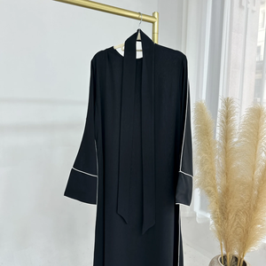 Luxurious Abaya High Quality Breathable Contrast Piping Abaya Turkish Modest Floorlength Abaya Elegant Embroidered Border <b>Kaftan</b> - Product Image 4