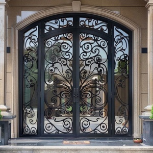 Portes doubles extérieures en fer forgé et verre sur mesure, style asiatique, en acier forgé à la main, résistantes à l'eau, par KHP - Product Image 2