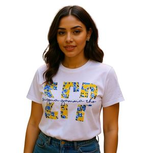 Camiseta Personalizada con Estampado Floral para Mujer, Cuello Redondo, Manga Corta, Diseño con Letras Griegas, Estilo Casual, Verano, Universidad, Moda - Product Image 1