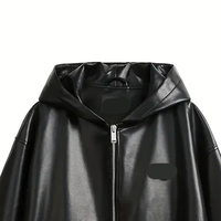 Veste unisexe noire en cuir PU coupe-vent respirante style vintage patchwork à capuche zippée décontractée streetwear coupe ample automne