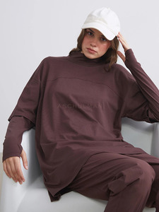 Conjunto Deportivo de Mujer en Color Borgoña, Cuello Alto, Algodón, Manga Larga, Corte Holgado, Color Sólido, Estilo Minimalista, Cintura Elástica, para Otoño - Product Image 2