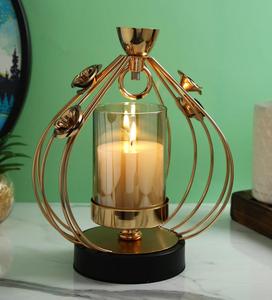 Modern Gold Metal Lantern <b>Candle</b> Holder with Glass Jar and Rose Accents for Home Decoration - Product Image 1