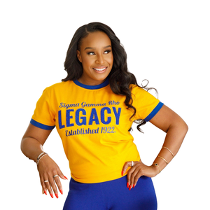 T-shirt en chenille Sigma Gamma Rho Legacy pour femme, broderie or et bleu, mélange de coton, manches courtes, coupe décontractée et élégante - Product Image 1