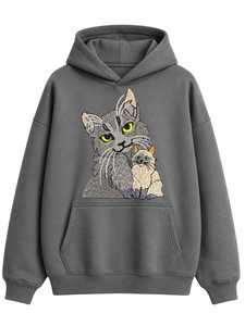 เสื้อสเวตเชิ้ตโอเวอร์ไซส์แบบยูนิเซ็กซ์ ลายปักแมวน่ารัก มีกระเป๋าจิงโจ้ เสื้อฮู้ดลำลองผ้าฟลีซ - Product Image 1