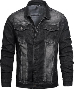 Blouson universitaire unisexe en denim noir, coupe ajustée, décontracté, fermeture boutonnée, en coton lavé, hiver, écologique, devant classique - Product Image 2