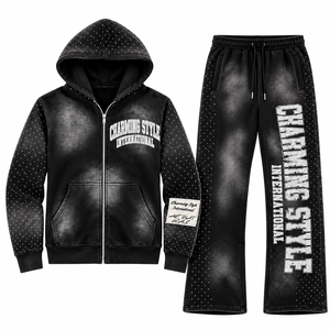 Ensemble de survêtement streetwear pour homme : sweats à capuche zippés et pantalons de jogging amples, personnalisés par le fabricant, de haute qualité, effet délavé à l'acide - Product Image 2