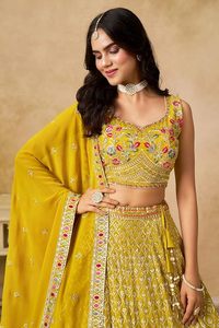 Custom <b>Women</b> Indian Traditional Haldi Wear Georgette Flared <b>Lehenga</b> Choli Heavy Resham Sequins Work Sleeveless Blouse Ready - Product Image 2
