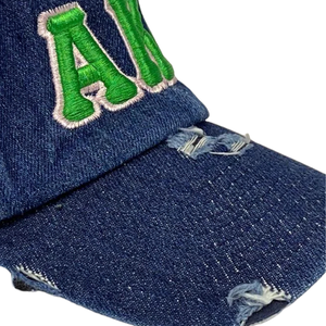 AKA Dark Denim Hat Green Embroidered Letter Baseball <b>Cap</b> Adjustable Washed Denim Headwear Casual Fashion <b>Vintage</b> Style <b>Cap</b> - Product Image 6