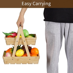 Panier suspendu en bois sculpté à deux niveaux écologique durable pour fruits légumes multi-épicerie transporter le stockage en gros - Product Image 4