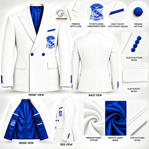 เสื้อเบลเซอร์ผู้ชายสีขาว แบรนด์ Phi Beta Sigma แบบกระดุมแถวเดียว ปกคอปก ปักโลโก้ด้านหน้า ผ้าถักสีน้ำเงิน ป้องกันรอยยับ ป้องกันไฟฟ้าสถิต - Product Image 5