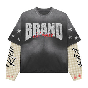 Camiseta de Doble Capa de Algodón Grueso con Lavado Vintage, Mangas con Contraste a Cuadros en Negro, Logotipo con Estampado Puff, Estilo Doble Capa - Product Image 1