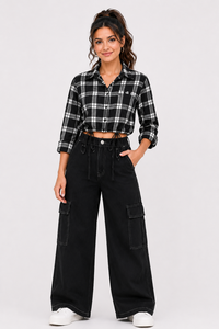 Checkered Black White women's shirt Button Down Crop Shirt <b>Long</b> <b>Sleeve</b> Casual <b>Top</b> Adjustable Hem Drawstrings Custom Logo Regular - Product Image 5
