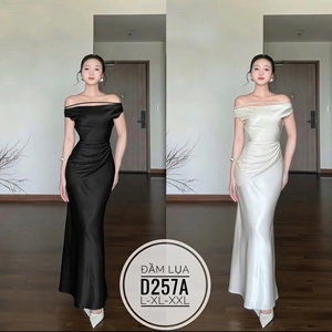 Robe longue de luxe unie pour femme, sexy, épaules dénudées, coupe sablier ajustée, décontractée, en coton tissé, fabriquée au Vietnam - Product Image 5