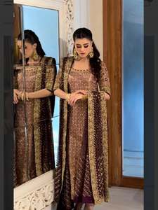 Elegant Beaded Long Shirt Wedding Wear Scalloped Neck Full Sleeve A-Line Floor-Length Embroidered Chiffon Dress Wrinkle-Free - Product Image 4