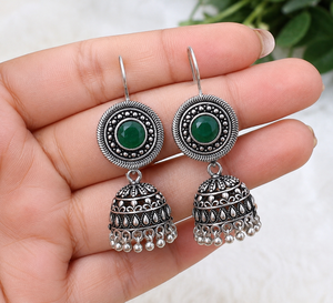 Pendientes Jhumka Tribales de Plata Oxidada India con Calcedonia Aqua |   Joyería Bohemia al por Mayor - Product Image 4