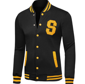 <b>Men's</b> Black <b>Varsity</b> <b>Jacket</b> With Yellow Trim Turn-down Collar Zipper Closure Preppy Style Regular Fit Autumn Wear - Product Image 2