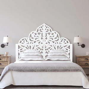 Cabecero de Cama King Size de Madera de Ingeniería con Diseño Floral Árabe Pintado en Blanco, Tallado a Mano, Muebles para el Hogar - Product Image 1