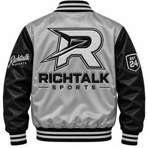 Veste de sport en satin pour homme, noire et grise, fermeture à boutons, style sportif, coupe-vent d'automne, design à patchs - Product Image 2