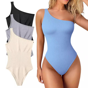 Body de punto de un solo hombro para mujer, de cintura alta, control de abdomen, faja moldeadora, color liso, sexy, para discoteca, primavera-verano, transpirable - Product Image 1
