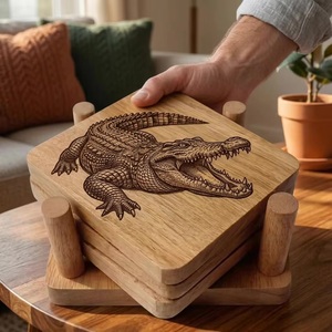 <b>Beads</b> Art Wooden Square <b>Coaster</b> Set Dinosaur Design Reusable Mats Natural Finish 10 mm Thickness Handmade Rustic 10 cm Diameter - Product Image 1