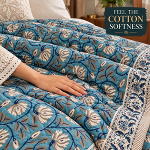 Couette Jaipuri à imprimé floral turquoise |   Razai réversible en coton Mulmul taille King avec rembourrage en coton pur de 2 kg et finition matelassée à la main - Product Image 4
