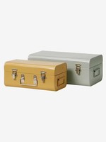Coffre de rangement élégant en métal crème avec quincaillerie blanche et couvercle sécurisé pour une organisation optimale