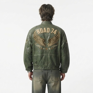 <b>Mens</b> Olive Green Distressed Leather Bomber <b>Jacket</b> Road 74 Embroidered Wing Patch Flight Outerwear Darkry Custom Factory Coat - Product Image 2